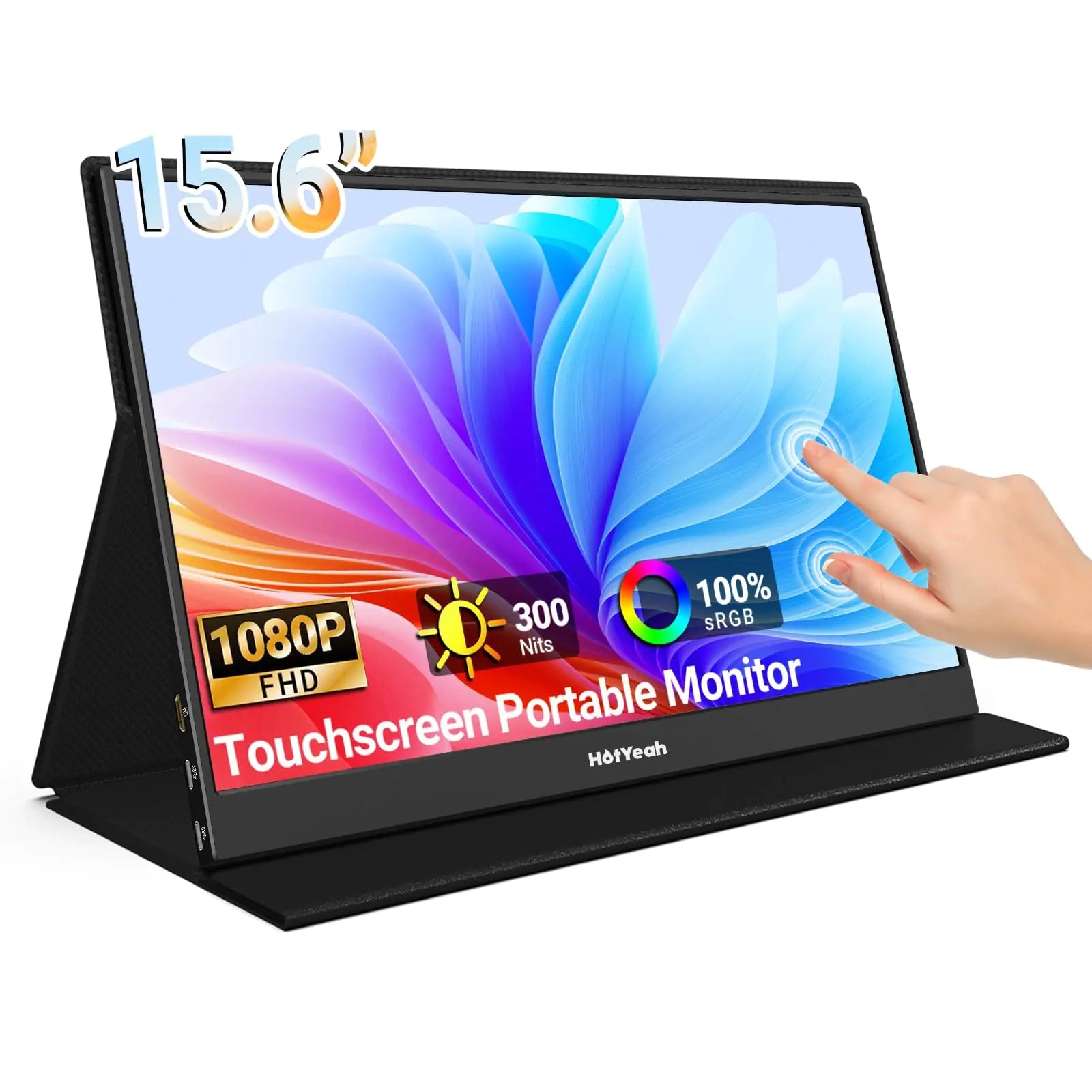 HotYeah Touch Screen Monitor 15.6 1080P 10-Point Portable Monitor Touchscreen USB-C HDMI HDR IPS Travel Monitor with Smart Cover & Speaker Second External Monitor for Laptop PC Mac Phone Tablet