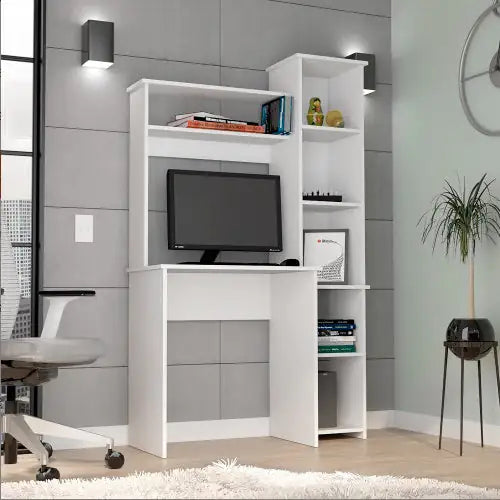 Desk, Five Shelves, Two Superior Shelves, White