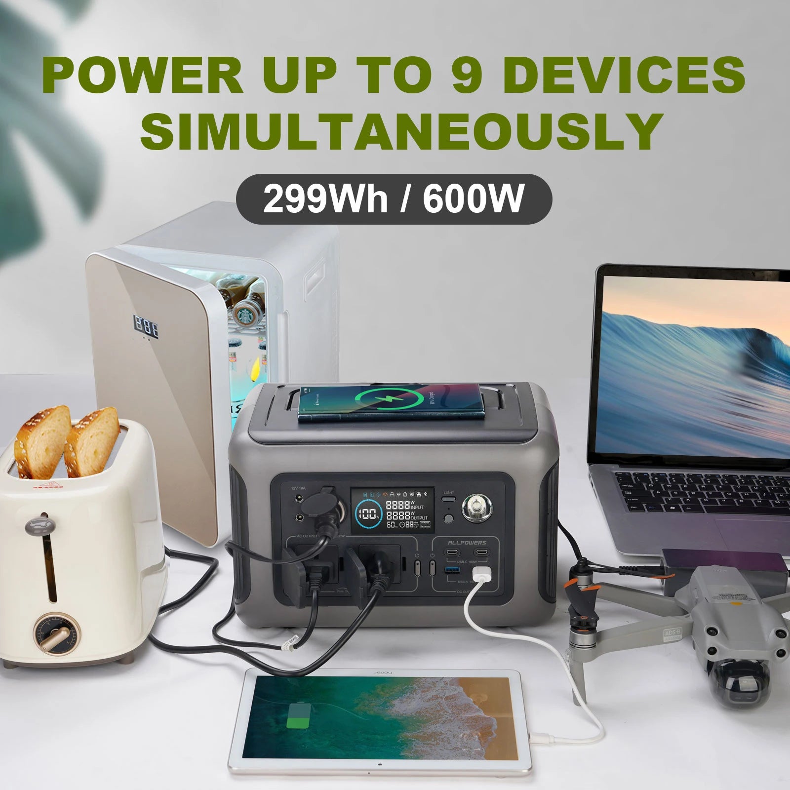 299Wh 600W Portable Power Station R600, Lifepo4 Battery Backup with UPS Function, 1 Hour to Full 400W Input, MPPT