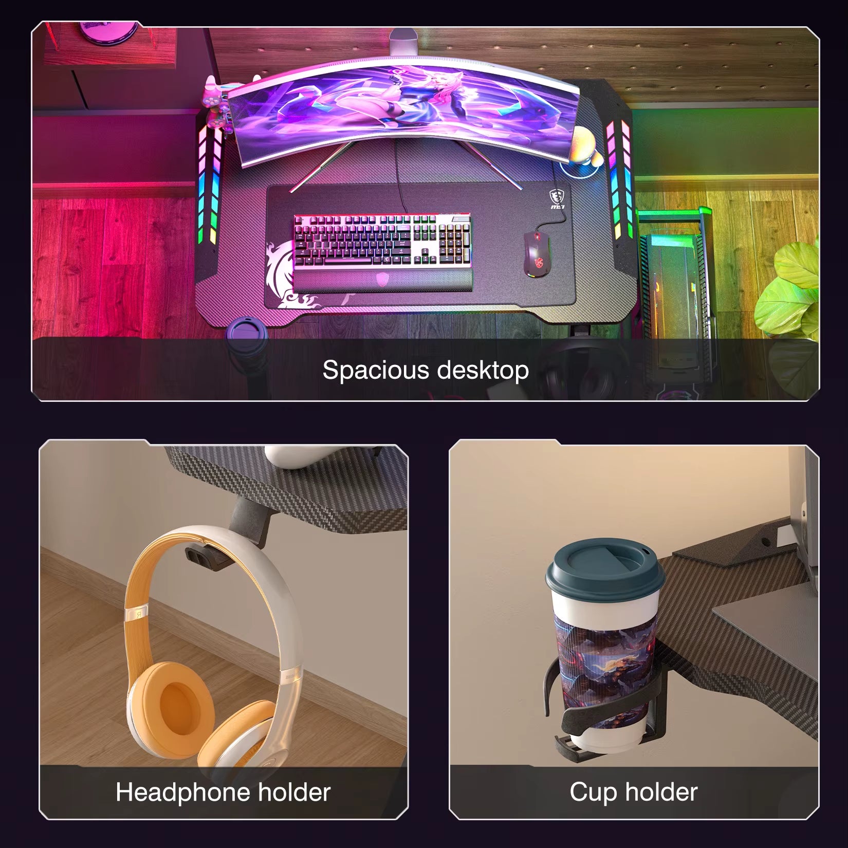 100Cm/120Cm RGB Gaming Desk Computer Table with LED Lights and Cup Holder
