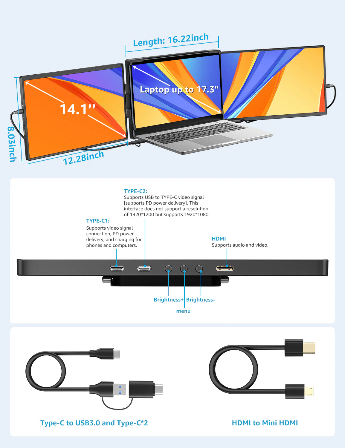 14.1 Inch 1920*1200 60Hz FHD Triple Portable Monitor for Laptop