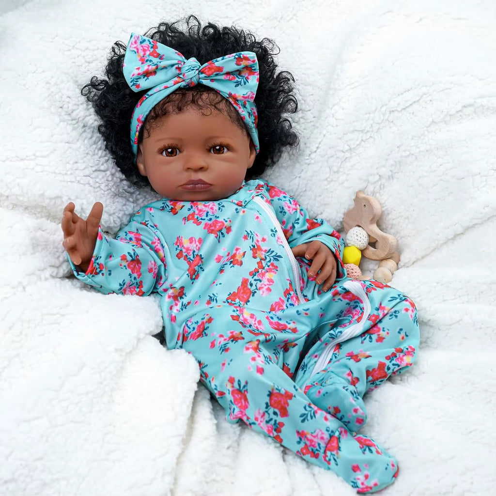 Lifelike Reborn Black Girl- 18-Inch Realistic Newborn Real Life Baby Dolls with Clothes and Toy Gift for Kids Age 3+